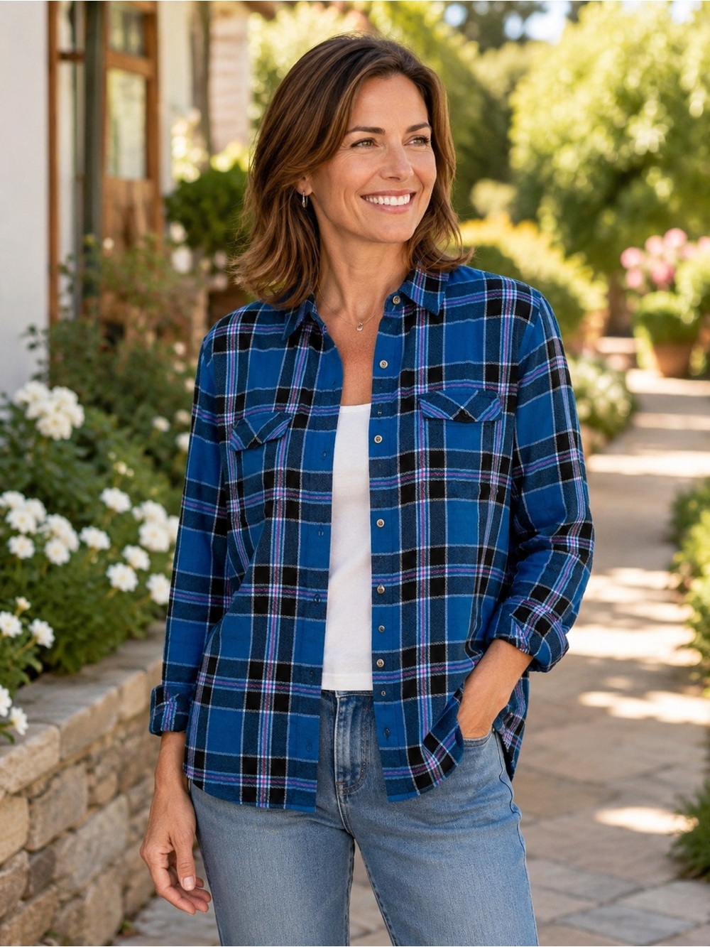 J.Jill Plaid Button Front Shirt | Blue & Black Plaid Size Petite Medium NWT